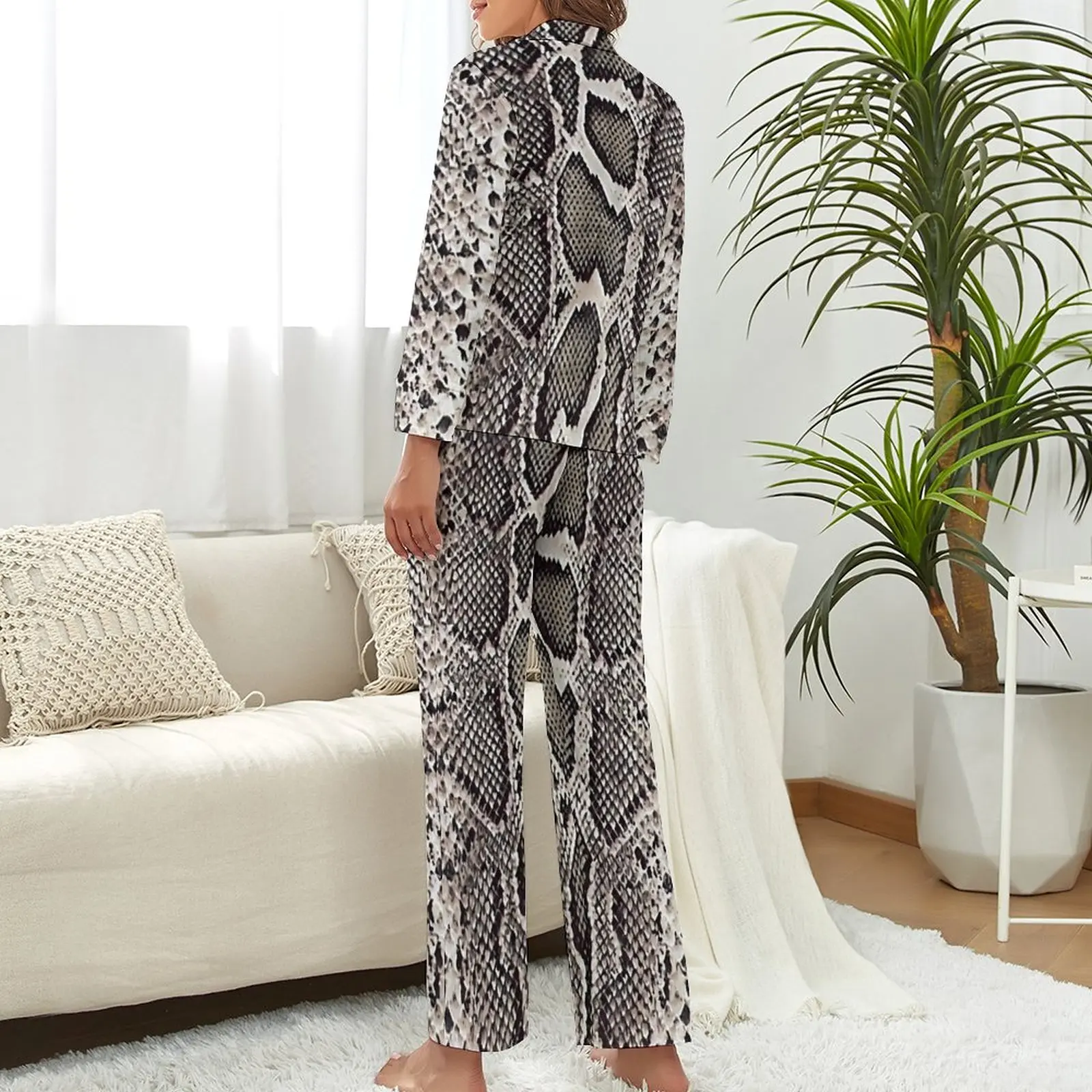 Ensemble de pyjama romantique à manches longues en fausse peau de serpent, imprimé animal drôle, vêtements de nuit décontractés, cadeau d'anniversaire, automne, 2 pièces