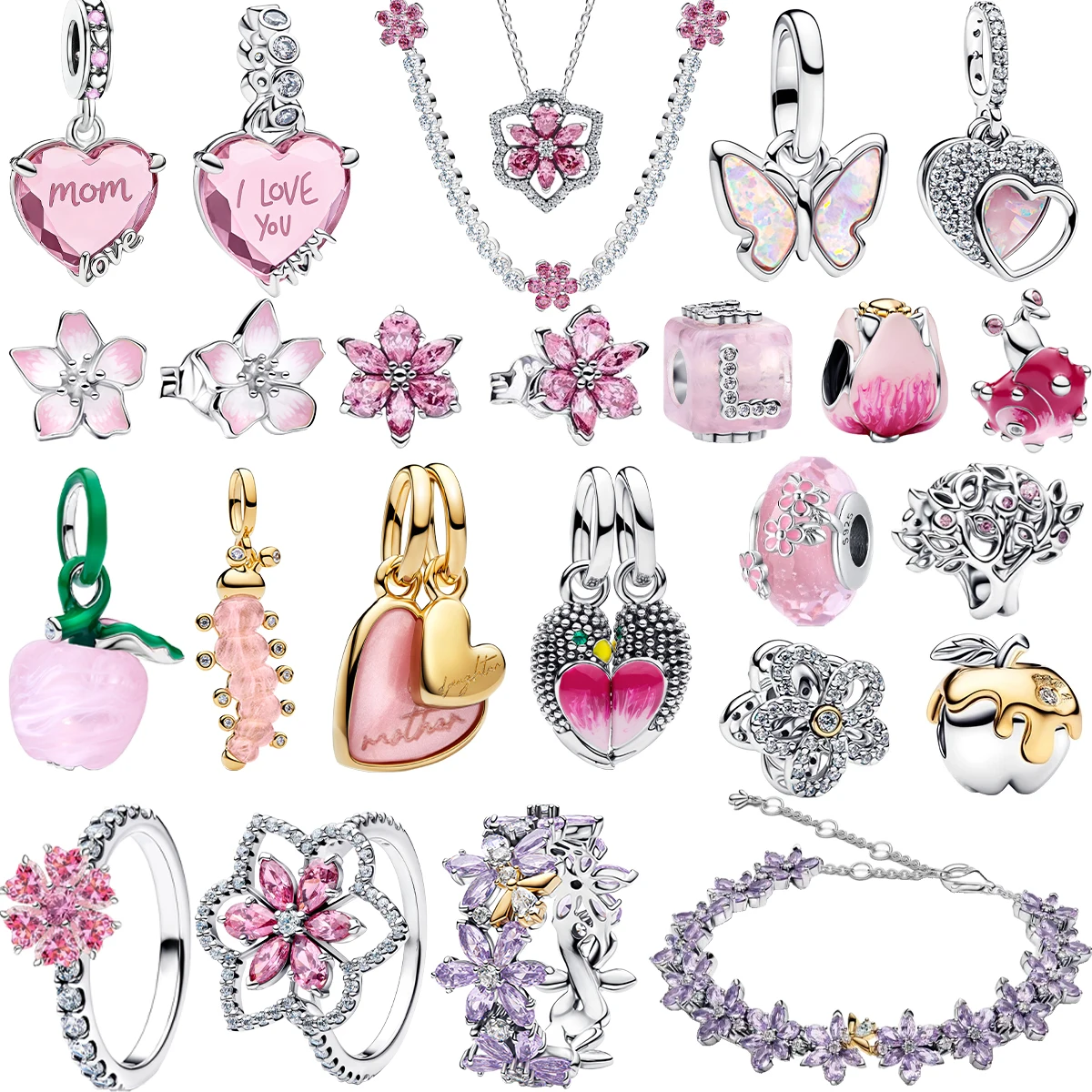 Hot Sales 925 Sterling Silver Pink Flower heart Ear Stud Rin