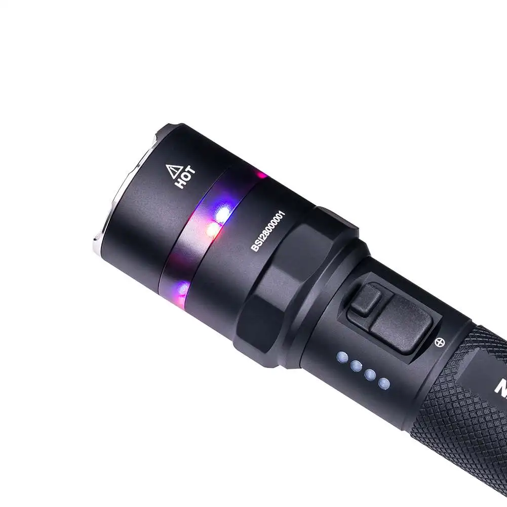 Nextorch-linterna táctica P84 de alta potencia con luces de advertencia rojas y azules, batería 3000 de 21700 lúmenes, recargable tipo C