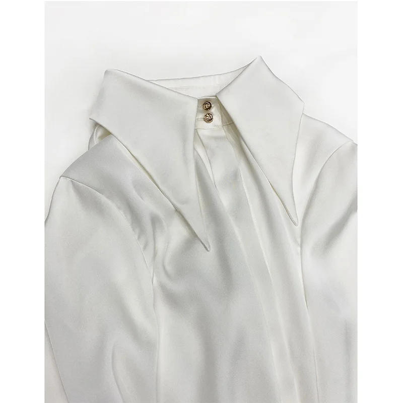 

Белая шелковая атласная женская рубашка с высоким воротником для весны и осени, профессиональная рабочая одежда, топ в винтажном стиле Dongda Gate, прямой крой, длинный рукав