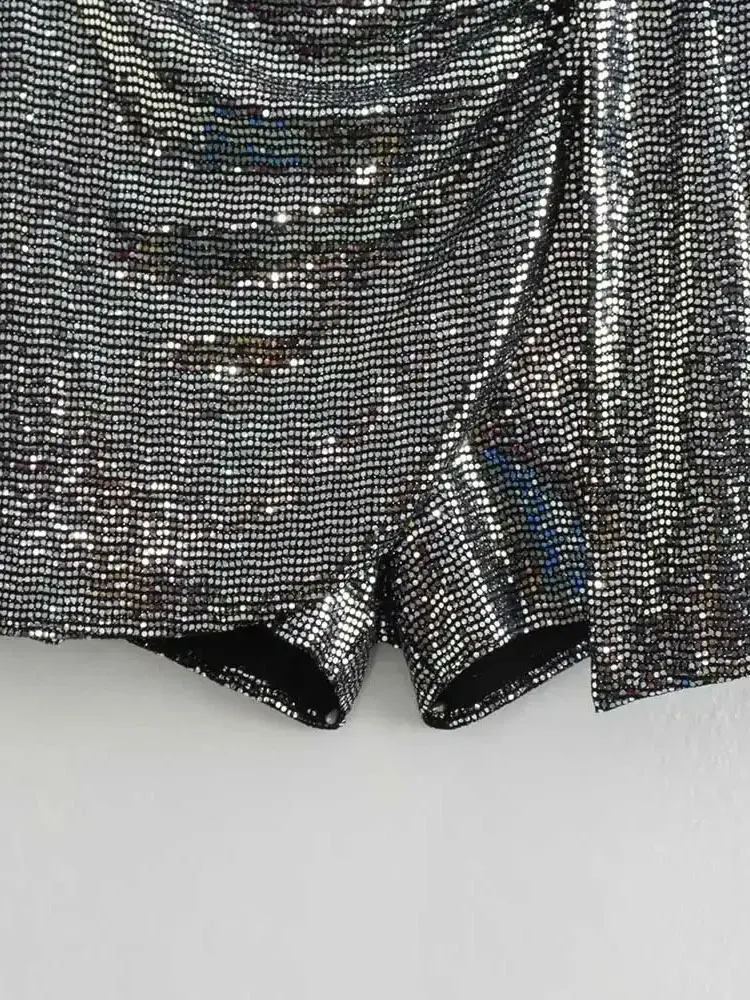 Women\'s Knotted Sequin Shorts Skirts, High Waist, Side Zipper, Female Skort,Fashion