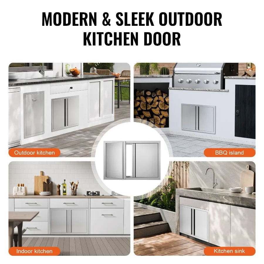 BBQ Access Door, 28W x 19H Inch Double Outdoor Kitchen Door, Stainless Steel Flush Mount Door, Wall Vertical Door with Recessed