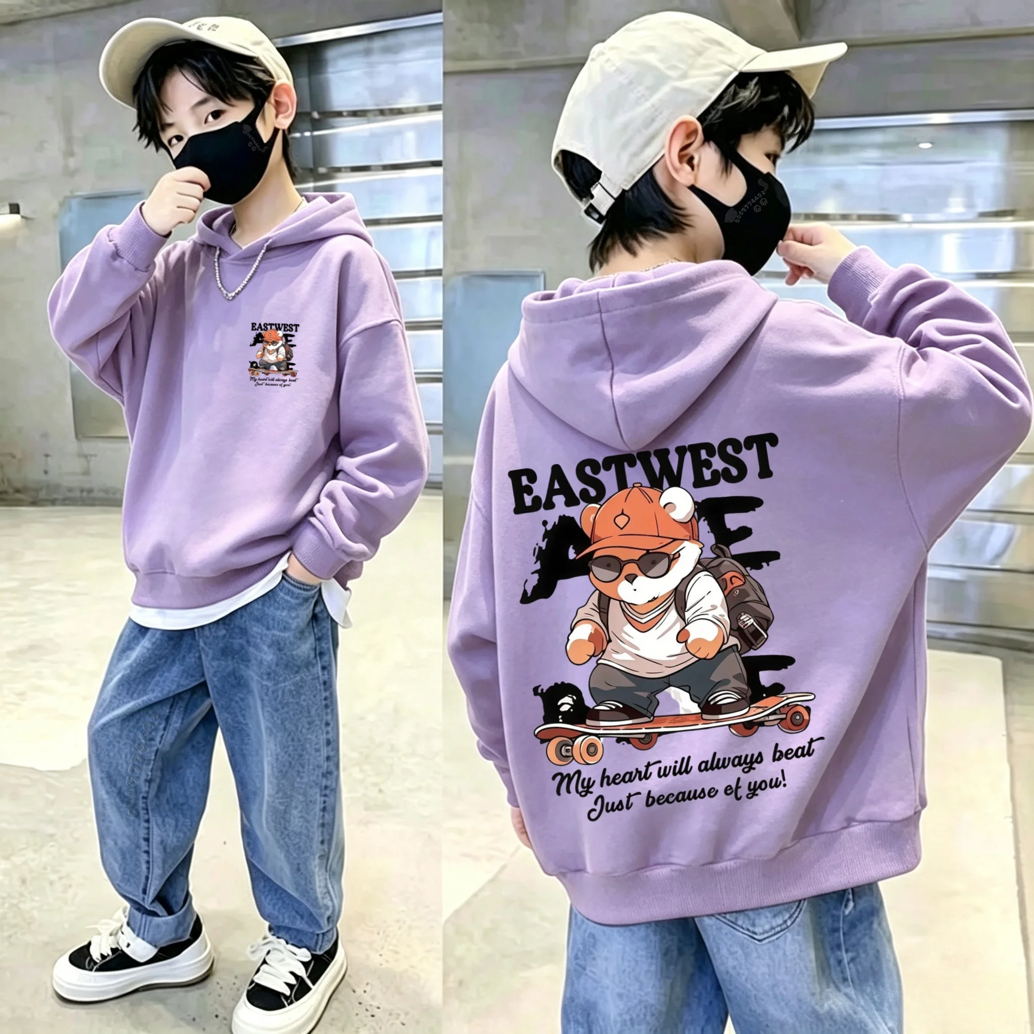 Y2K retro cool cartoon double-sided printed children's hooded sweatshirt for big kids, casual and comfortable pullover hoodie