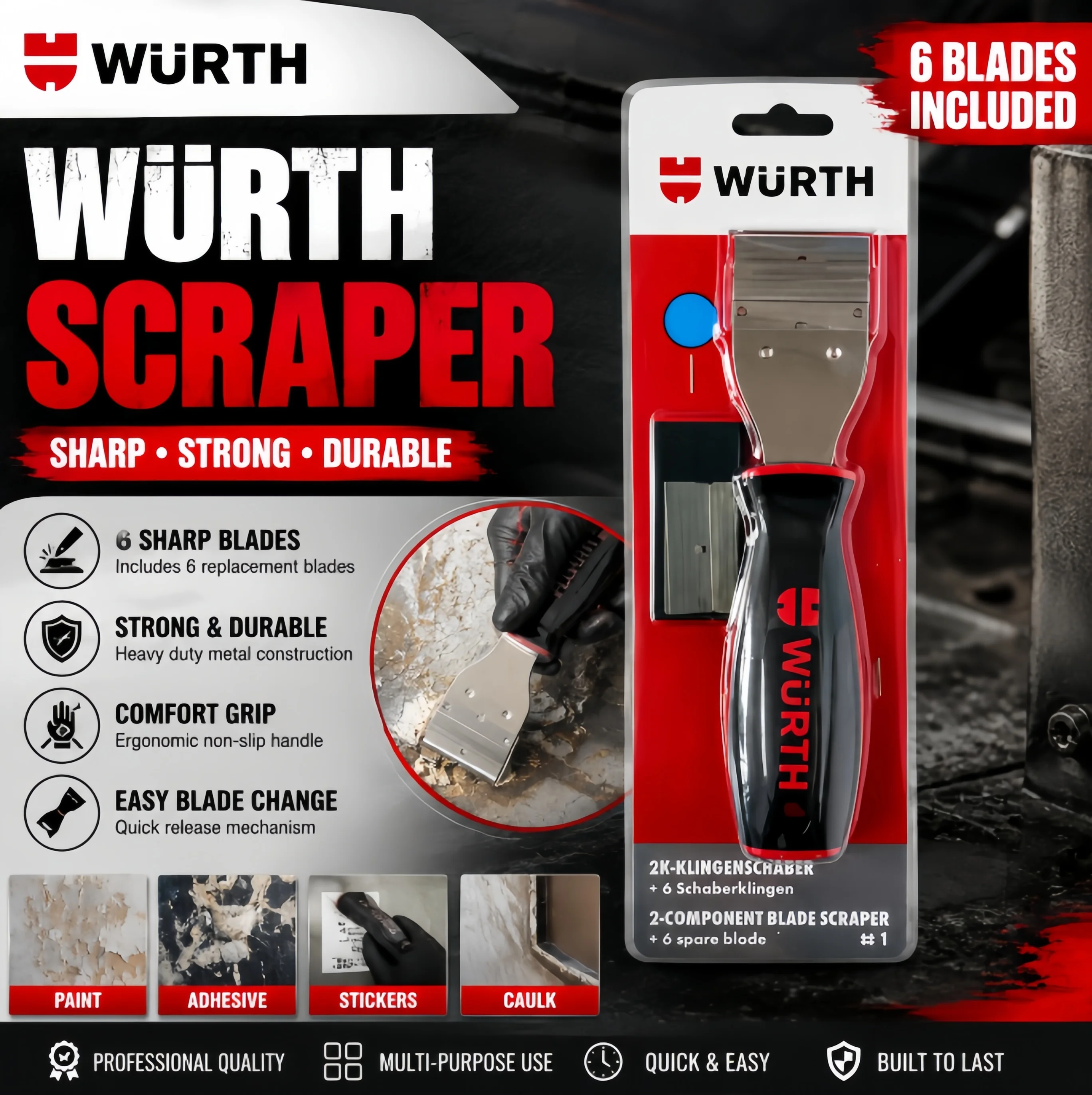 Raspador de Lâmina Wurth Original para Remoção Pesada de Adesivos, Colas e Tintas com 6 Lâminas
