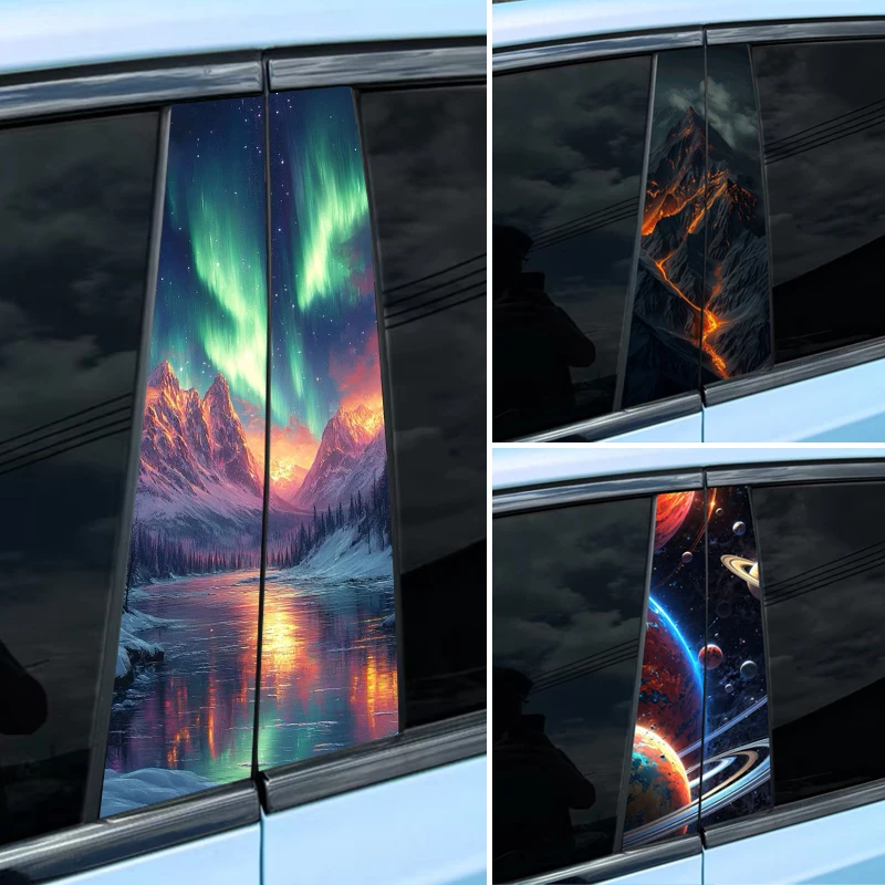 2 шт., наклейка на автомобиль «Аврора и гора», автомобильная наклейка на столб B, водонепроницаемая наклейка «сделай сам», наклейка на дверной столб автомобиля, виниловая наклейка на автомобиль с луной