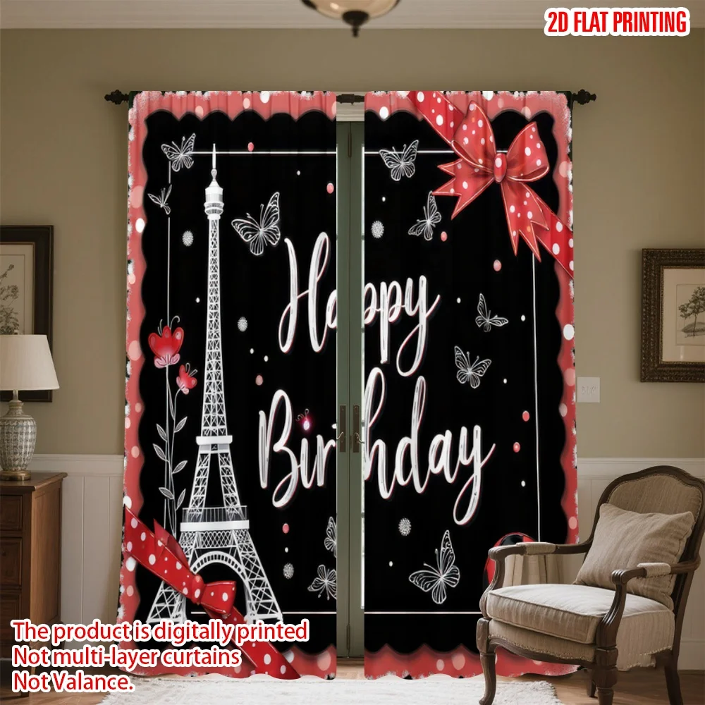 

2D flat printing 2pcs Drapes Birthday Eiffel Tower Celebration Digital Printed Polyester Drapes Family Party for Drapes for
