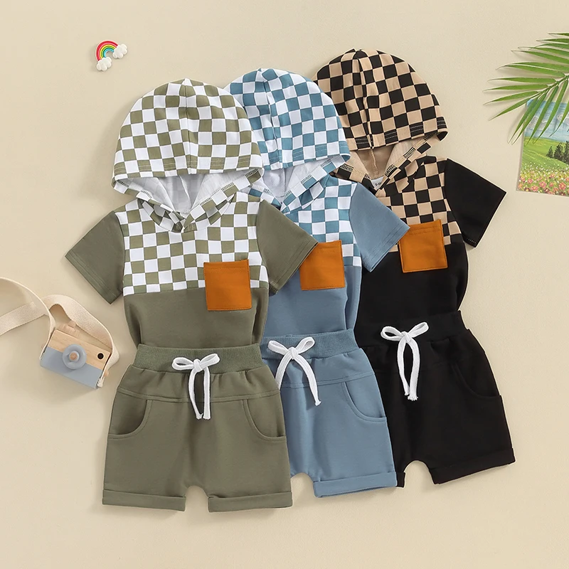 

2023-12-30 Lioraitiin 0-3Y Summer Toddler Boys Outfits Checkerboard Patchwork Hoodie T-Shirt and Elastic Shorts Clothes Set