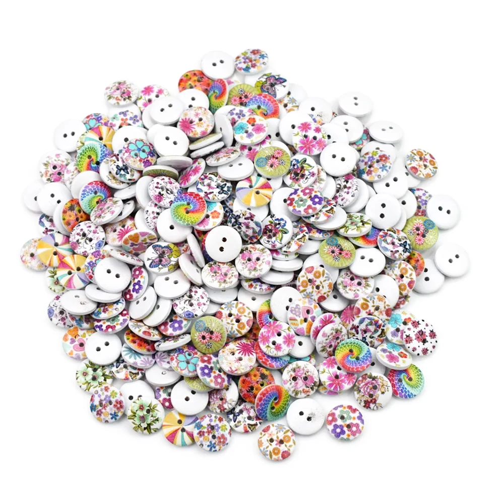 

100PCS 15MM Colorful Strip and Flower Print 2 Holes Wooden Buttons for Sewing Scrapbooking Crafts DIY Clothing Accessories