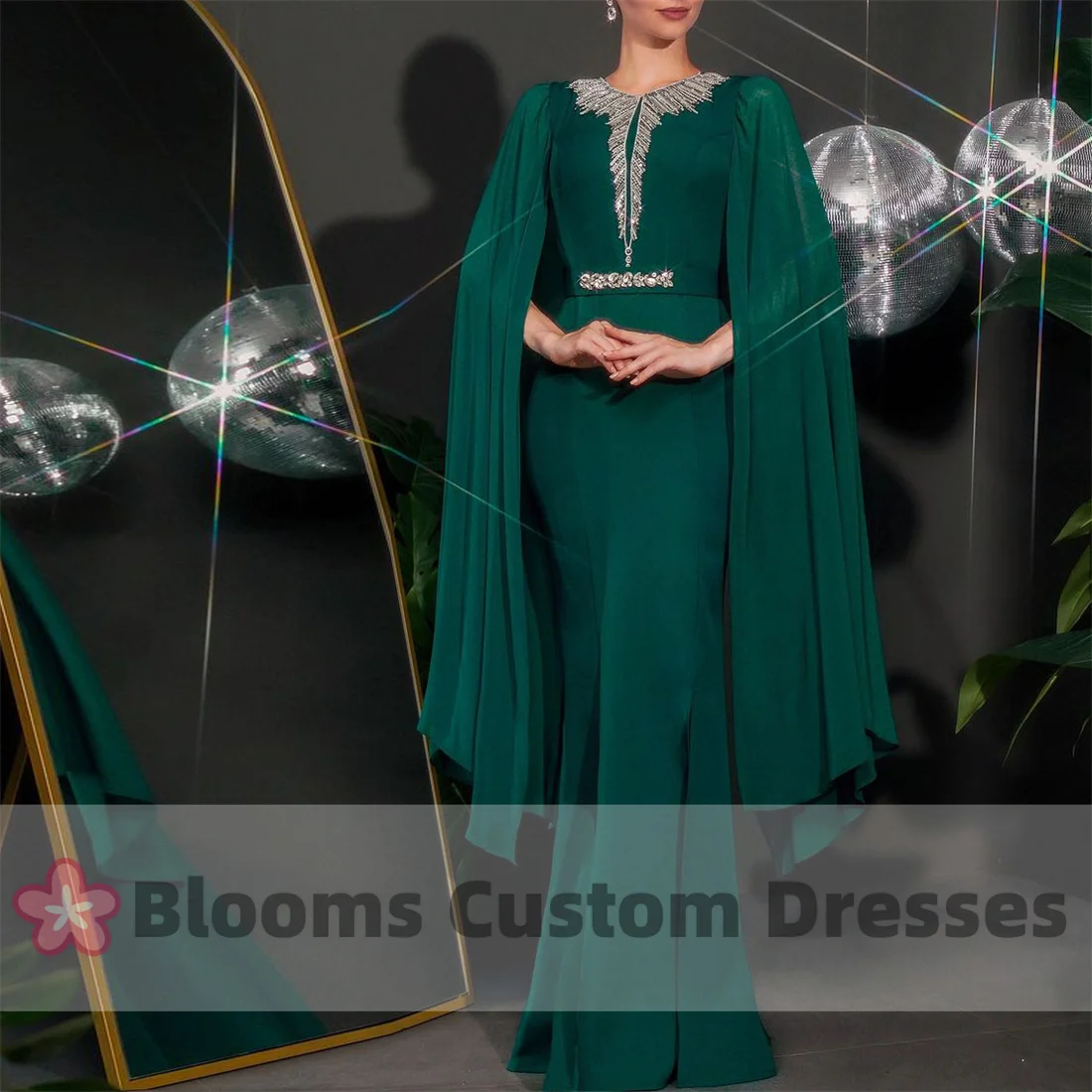 

Blooms Green Shiny Beaded Prom Dress Mermaid Cape Sleeves Party Gown Elegant Lilac Evening Dresses Formal Dress