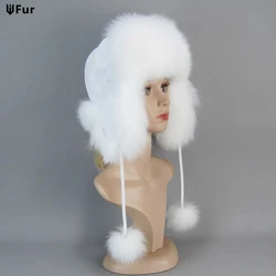 100% Real Fur Hat for Women Natural Silver Fox Fur Russian Ushanka Hats Winter Thick Warm Ears Fashion Bomber Cap