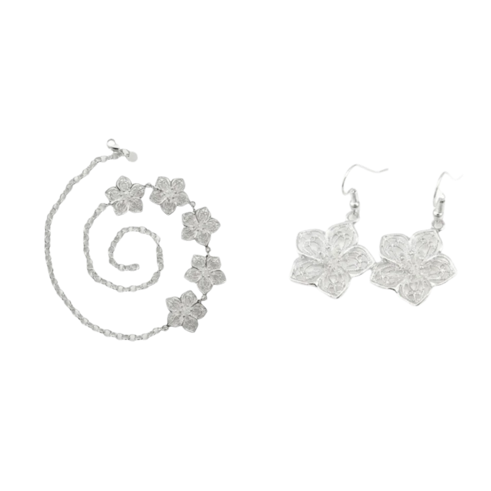 Alloy Hollow Flower Necklace Five Petal Flower Silver Plated Wedding Jewelry Set Adjustable Dainty Floral Drop Earrings Jewelry