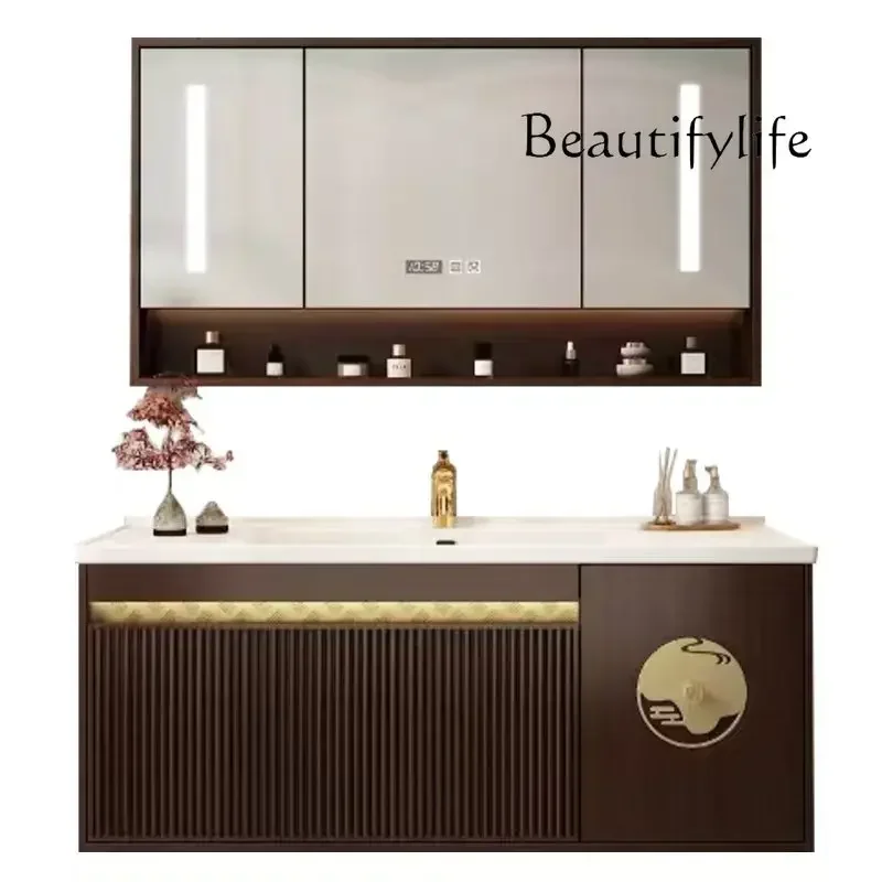 

ceramic integrated basin smart bathroom washbasin New Chinese bathroom cabinet solid wood combination