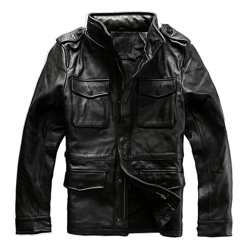 Factory 2021 New Men Black Genuine Cow Leather Jacket Casual Long Style M65 Multi-pocket Cowskin Jackets Winter Russia Coats