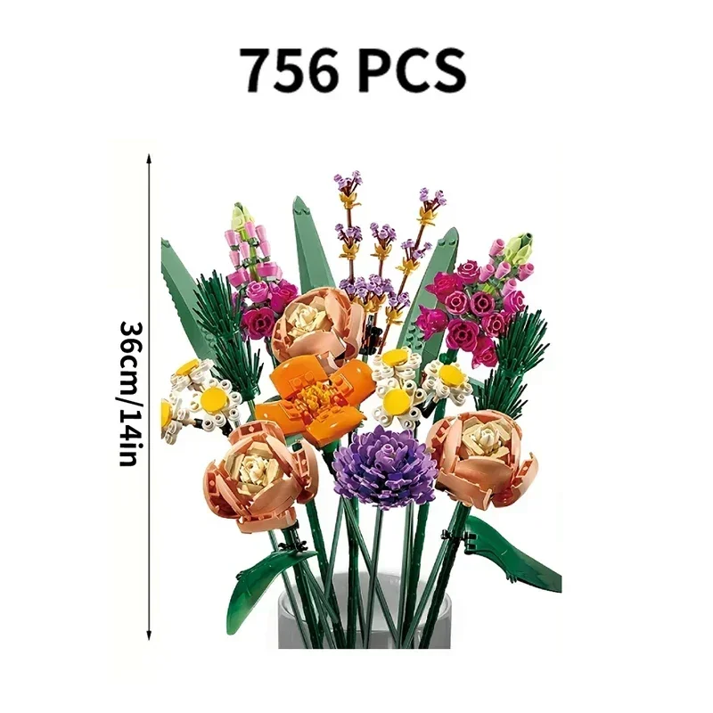 756 Stück Romantische Rosenblume DIY Blumenstrauß Dekorativer Baustein Ziegelspielzeug Kompatibel 10280 Valentinstagsgeschenk für Freundin