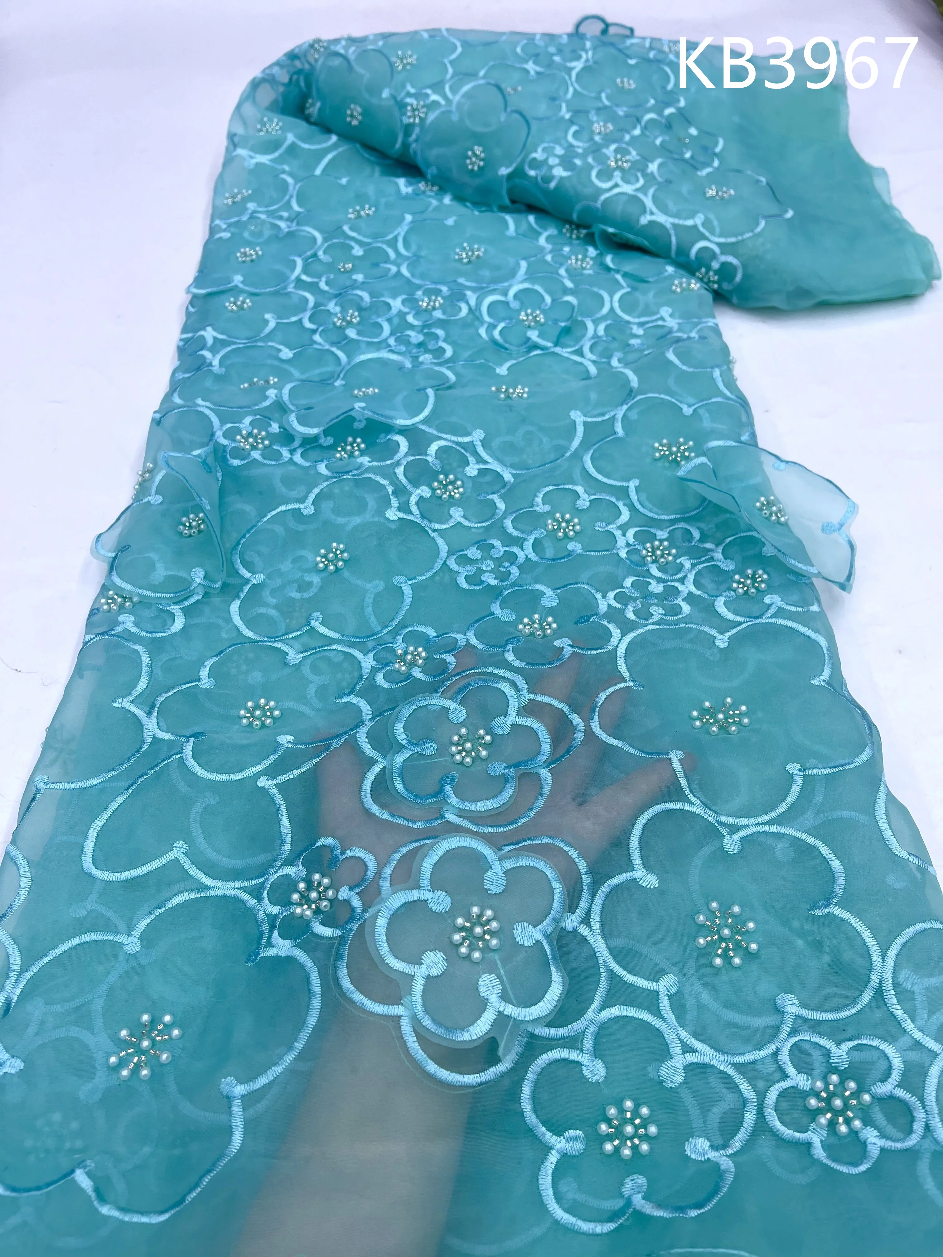 3d Flower Lace Fabric Sky Blue Beaded Lace African Lace Fabric 2024 High Quality Asoebi Lace Fabric Nigeria Mesh for DIY KB3967