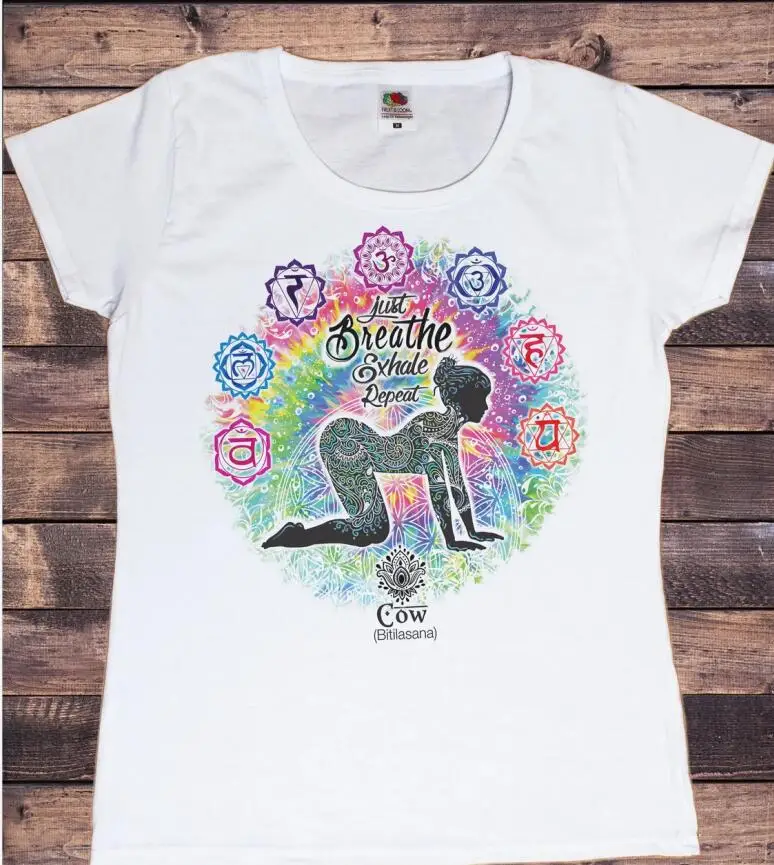 

New Summer Rainbow Namaste Lotus Graphic Print Tshirt Women Meditation Breathe T Shirt Female Yoga Posture T-Shirt Female Tops