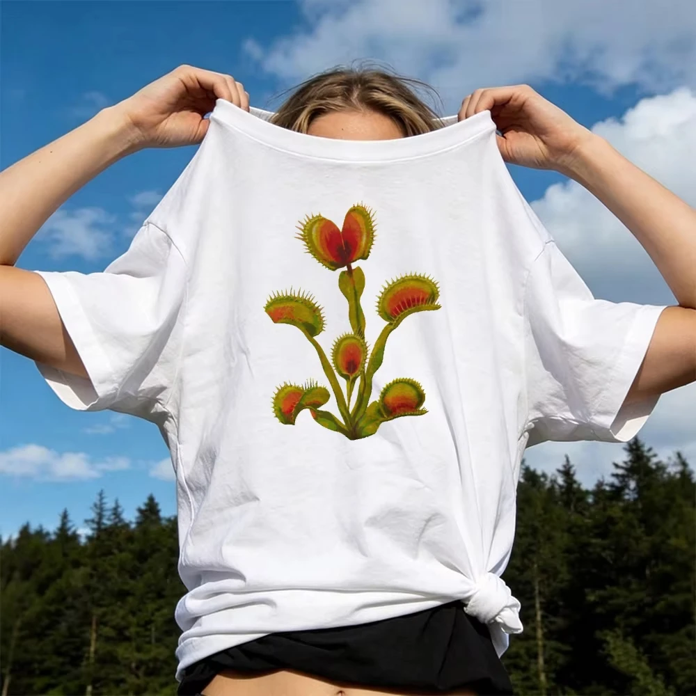 Venus Fly Trap Graphic Tee Watercolor Carnivorous Plant Botanical Summer Art Print O Neck Short Sleeve Women T Shirt