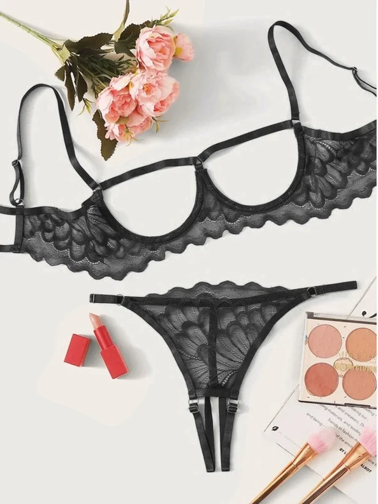 

Women Open Breast Steel Ring Bra Open Crotch Panties G-string Lace Sexy Lingerie Bra Underwear Set Erotic Push Up Lingerie Set