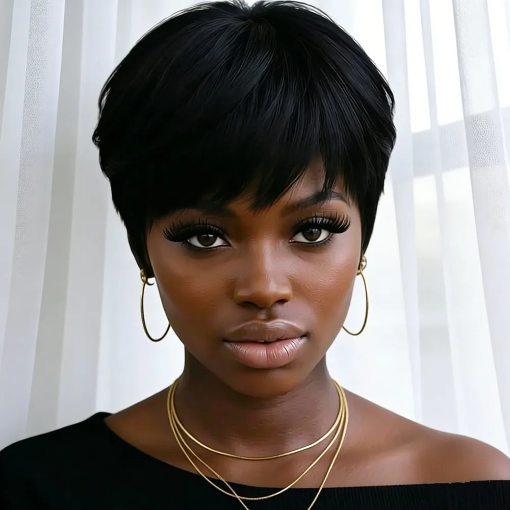 

Дышащий и комфортный короткий прямой парик из натуральных волос, 6 дюймов, для повседневного использования и вечеринок, машинной работы, черный цвет, плотность 150%.