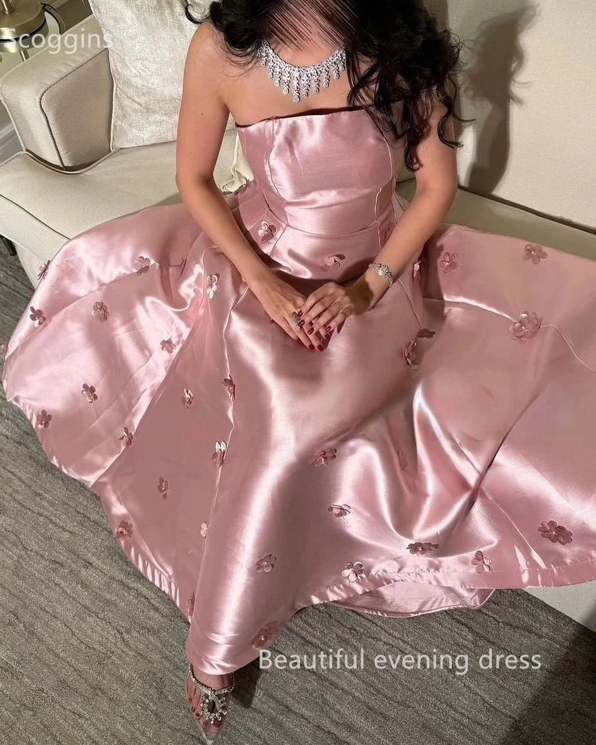 Scoggins Pink A-Line Strapless Floor-Length Beadings Evening Dress Elastic Satin Zipper Up Sleeveless Wedding Party Dress Elegan