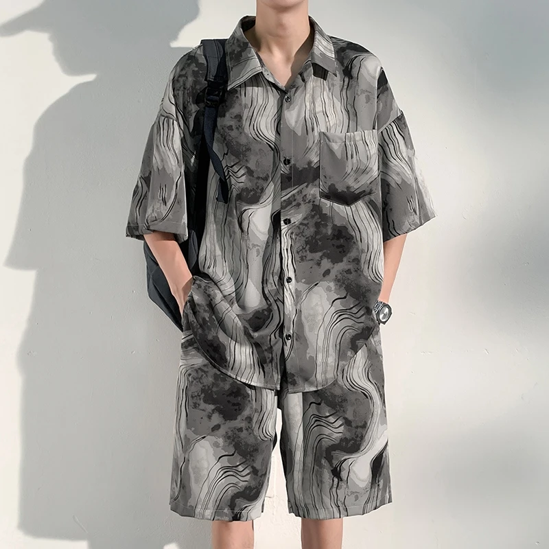 

Summer Retro Hong Kong Style Floral Shirt Men's Set Beach Vacation Outfit Ice Silk Shorts Short Sleeve Matching Set New 20