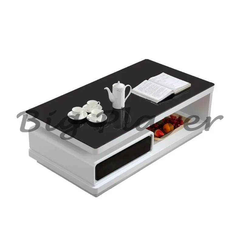 

Modern Living Room Furniture Black Glass Top Coffee Table Simple Wooden Center Coffee Table