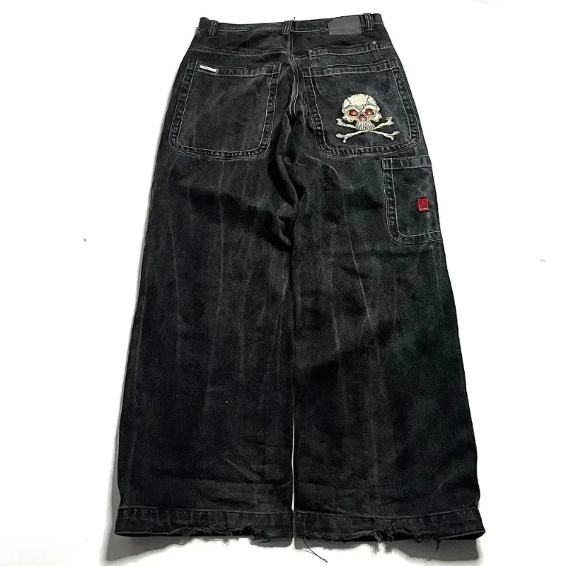 2024 Ins Jeans Y2K Harajuku Retro Skull Pattern Embroidered Loose Jeans Black Pants Men\'s and Women\'s Gothic High Waist Pants