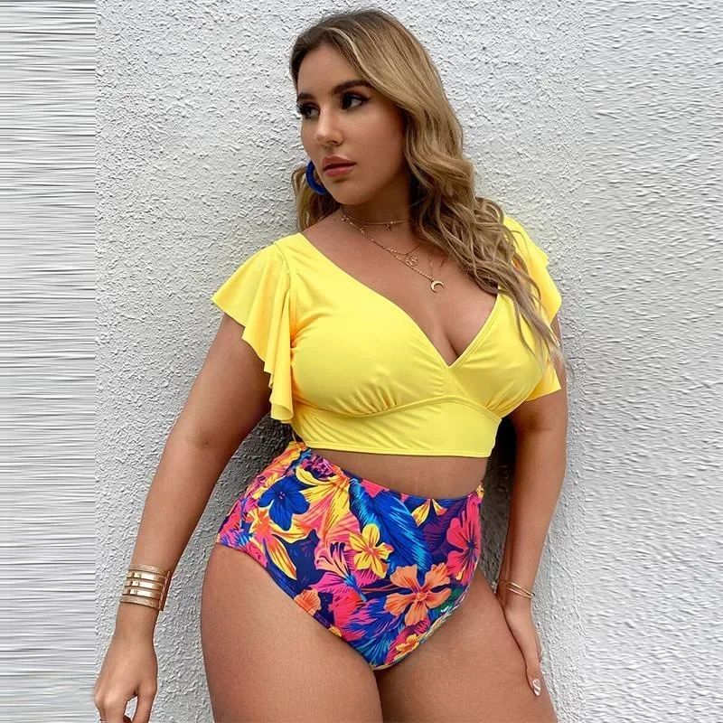 Plus Size Bikini High Waist Ruffle Bikini Set Sexy Flounce Bikini Swimwear Women Two Pieces Swimsuit Floral Beachwear V-neck