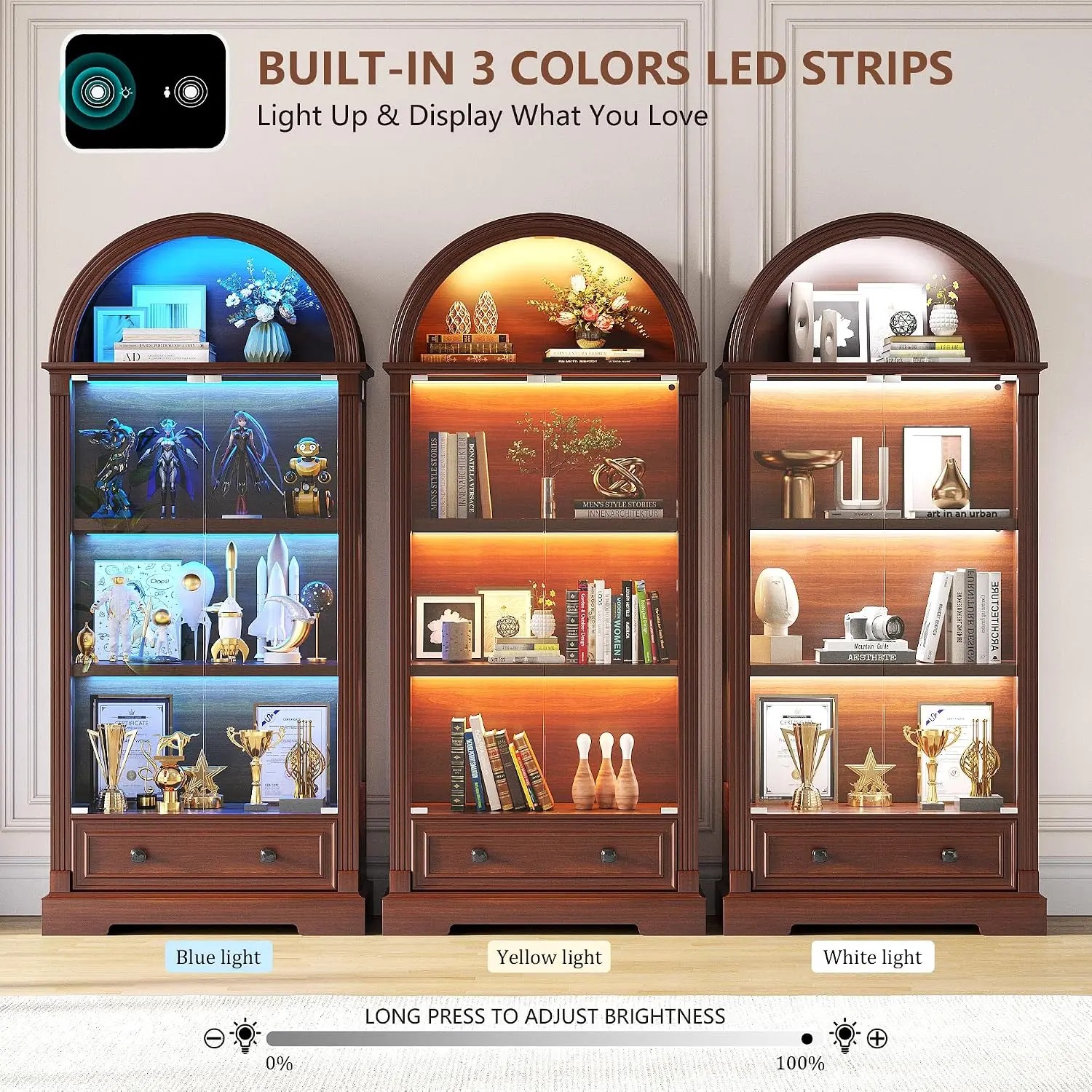 Cabinet Glass Doors LED Lights Display Storage Living Room 5-Tier, Customized