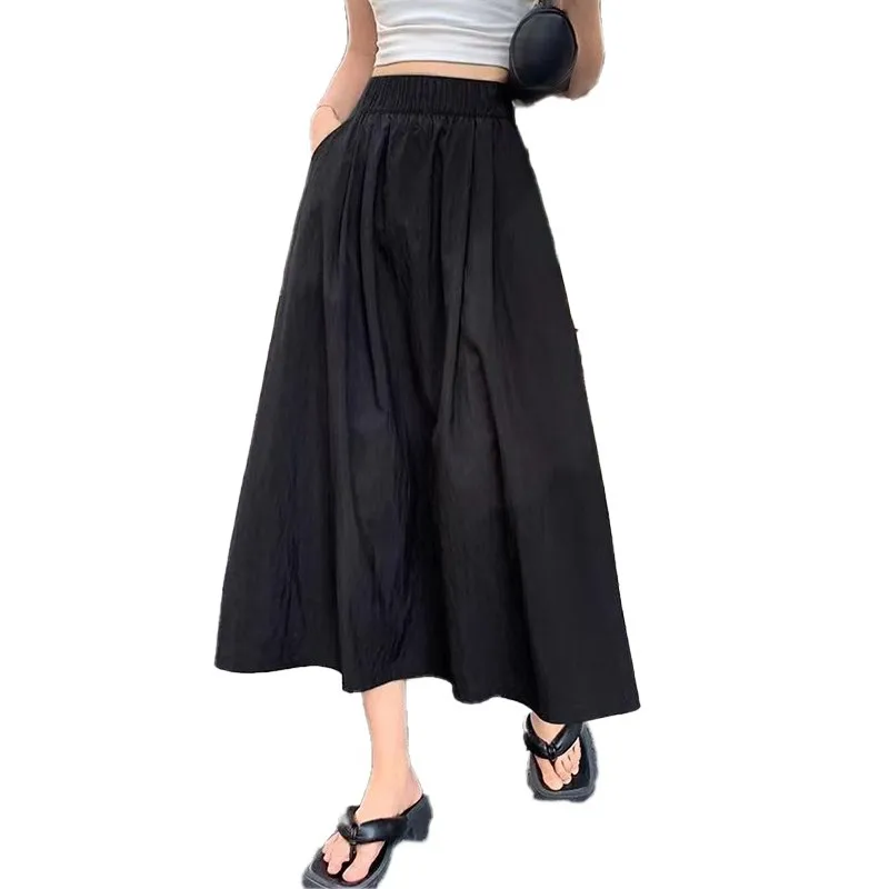 Women\'s Summer Elastic High Waist Pleated A-Line Flared Long Skirts