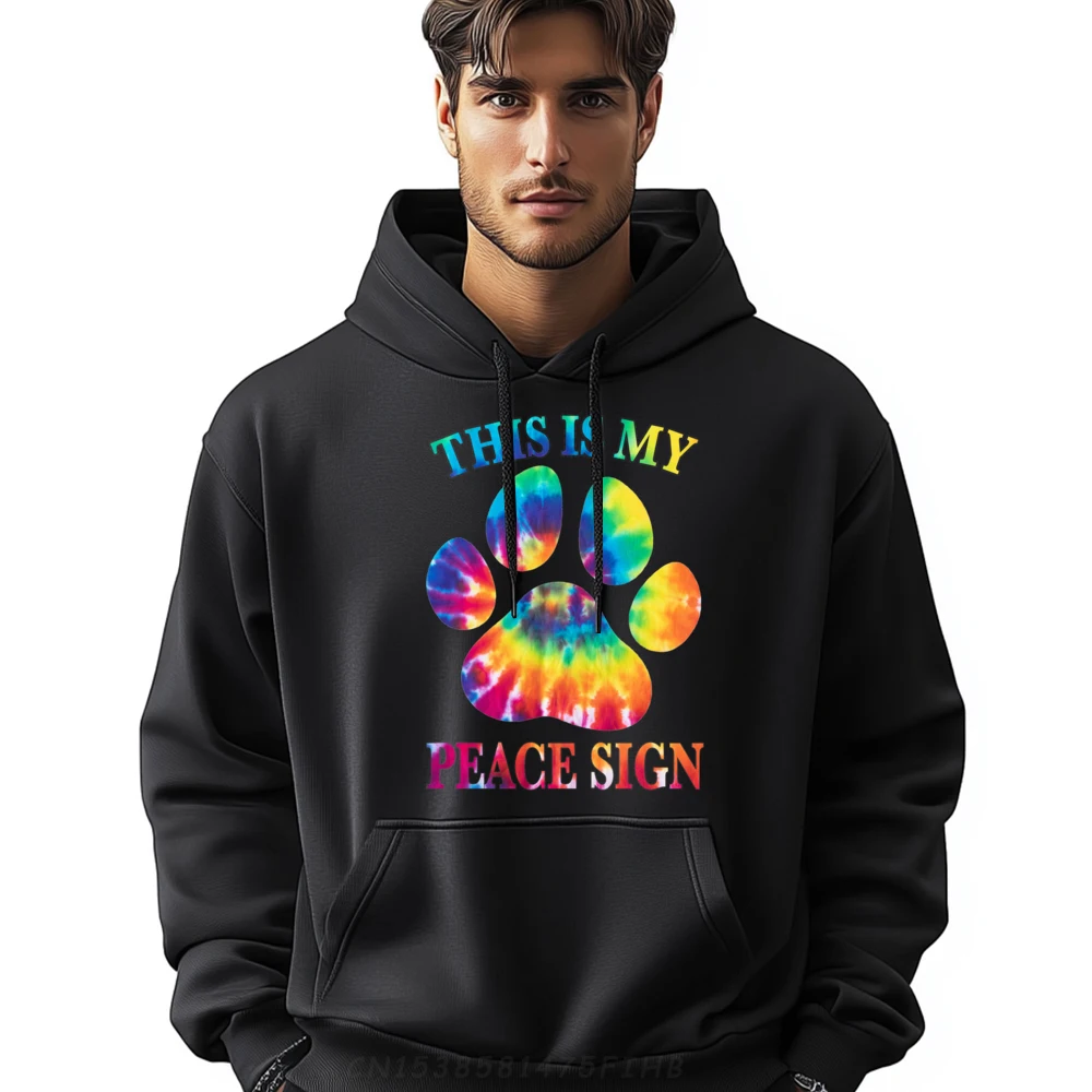 

Tie Dye This Is My Peace Sign Dog Paw Print Heartbeat Graphic Pullover Hoodies Men Long Sleeve Sweater Vintage