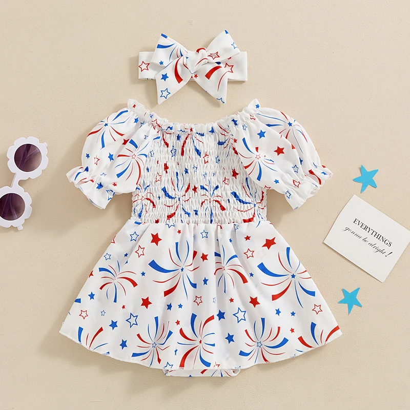 Baby Girl 4th of July Romper Dress Fireworks&Star Print Short Puff Sleeves Jumpsuit with Bow Headband