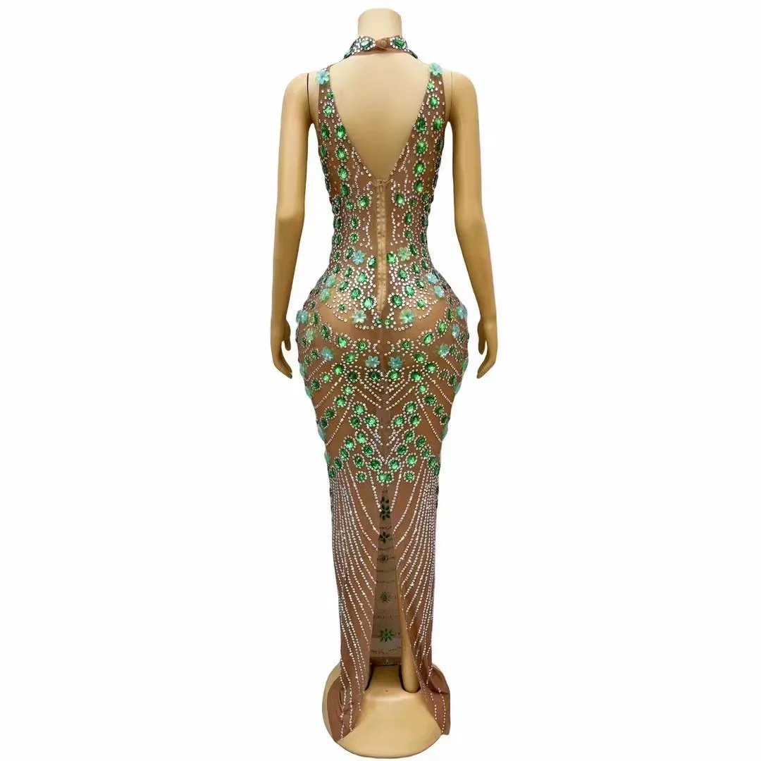 Sexy Stage Silver Green Rhinestones Flower Dress Birthday Celebrate Prom Gowns Backless Graduation Outfit Collection Costume