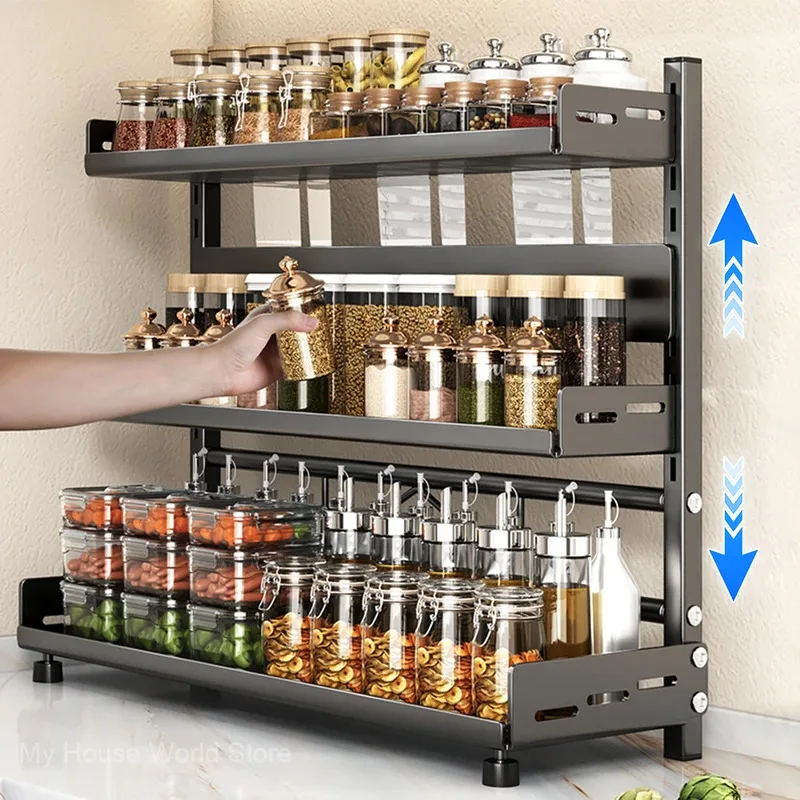 3 Tier Spice Storage Rack for Countertop Adjustable Spice Organization For Cabinet Kitchen Organizer Metal Shelf Black