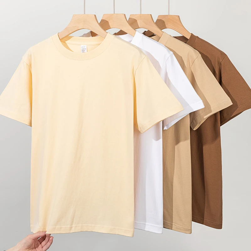 تي شيرت رجالي صيفي أساسي بأكمام قصيرة من القطن الخالص ثقيل الوزن، بقصة فضفاضة ولون ترابي، تصميم عتيق برقبة مستديرة