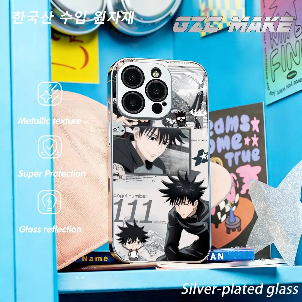Coque de téléphone en verre argenté avec affiche anime de Megumi Fushiguro pour iPhone 17 16 15 14 13 12 11 Pro Plus Max