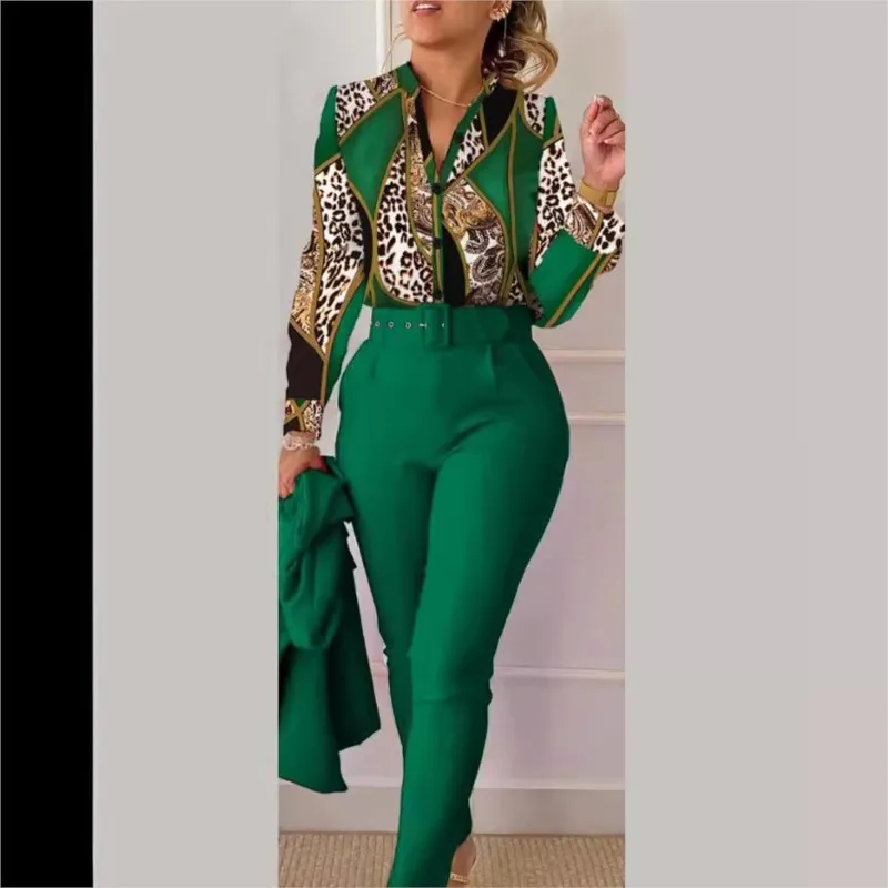 Casual Long Sleeve Shirt Pants Set Office Lady Fashion Elegant V Neck Floral Print Trousers Two Piece Set Women Outfit 2024