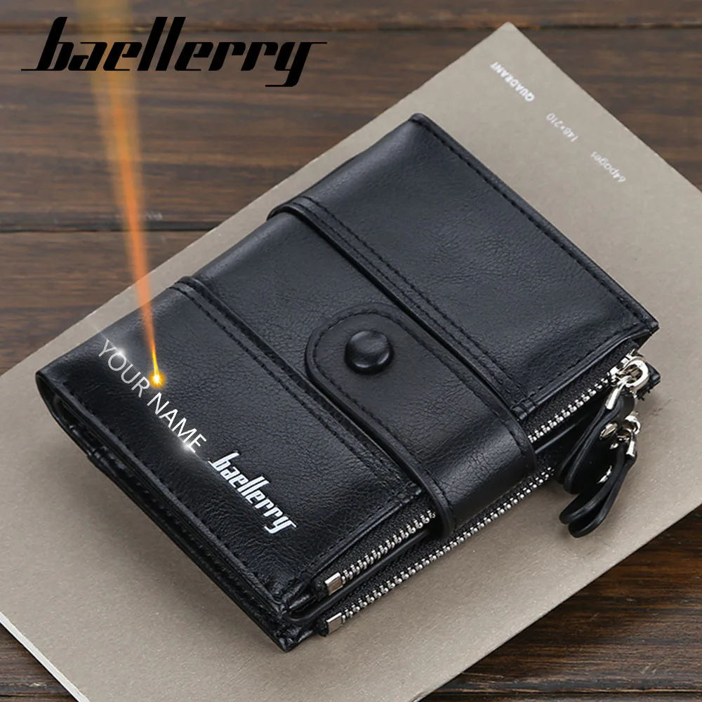 

Free Name Engraving Men Wallets Card Holder Double Zipper Pocket Men Purse Solid Coin Pocket High Quality Male Purse