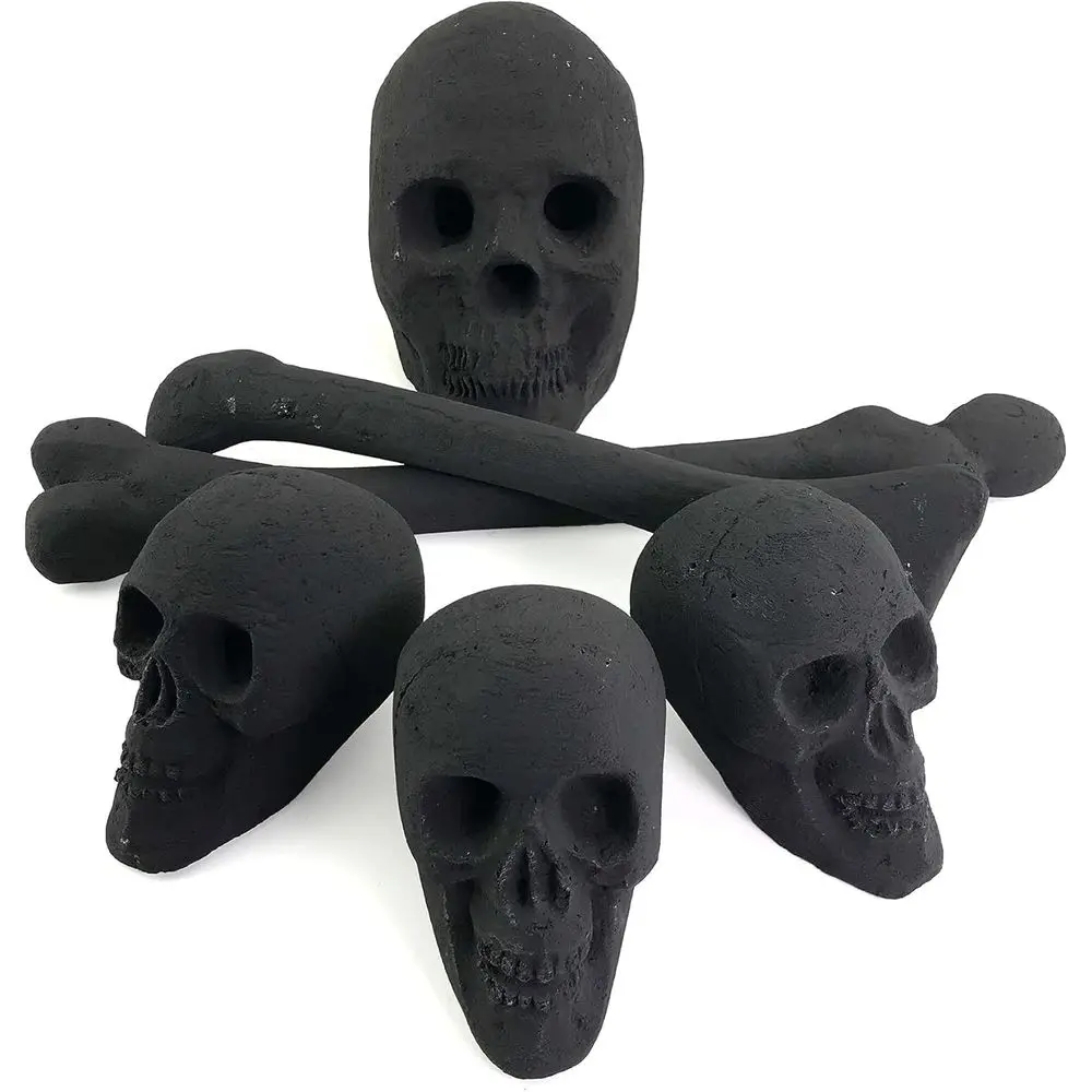 

Набор огнеупорных керамических черепов и костяных панцирей для костровых ям и каминов | 1 большой череп, 3 маленьких черепа, 2 крестообразные кости | Черный