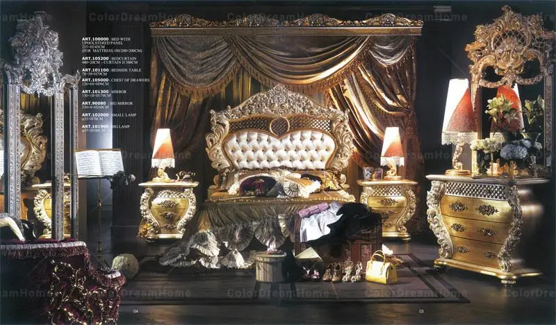 Coiffeuse Baroque Dorée avec Miroir et Tiroirs, Meuble pour Chambre à Coucher