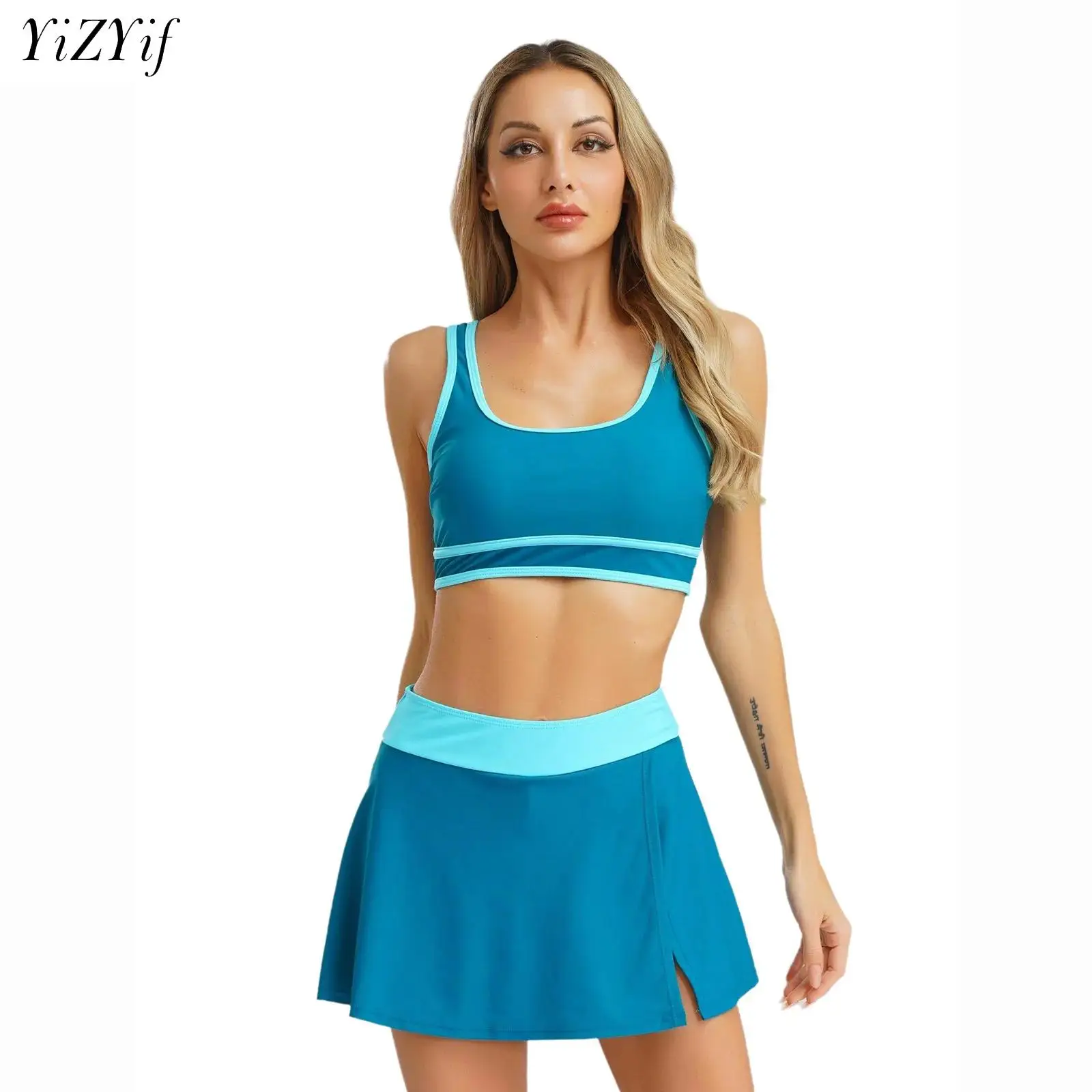 

Womens Two Piece Swimsuit Bikini Sets Chest Pads Swim Vest High Waist Tummy Control Skirt Bathing Suit Tennis Sports Swimwear