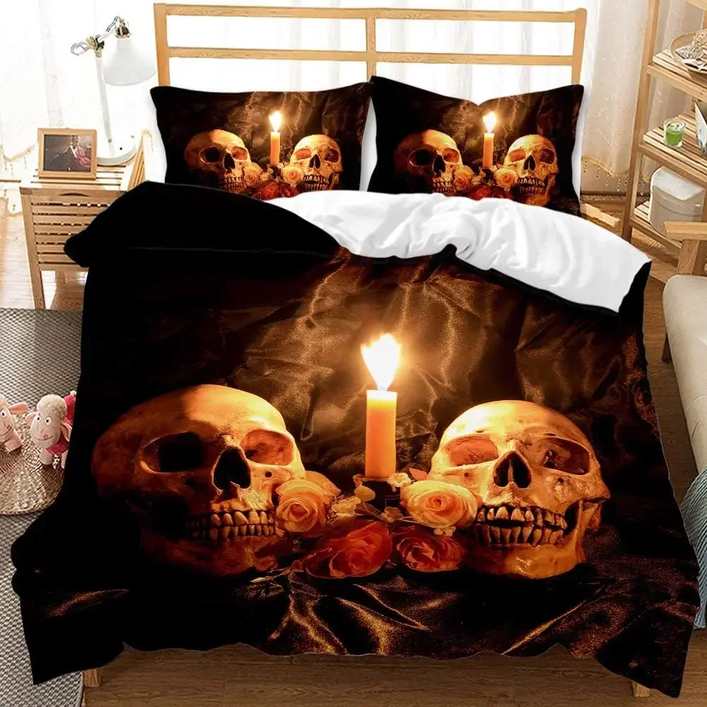 3D Sugar Skull Comforter Cover Set Twin Size Flowers Print Bedding Set Black Microfiber Polyester Duvet Cover Set