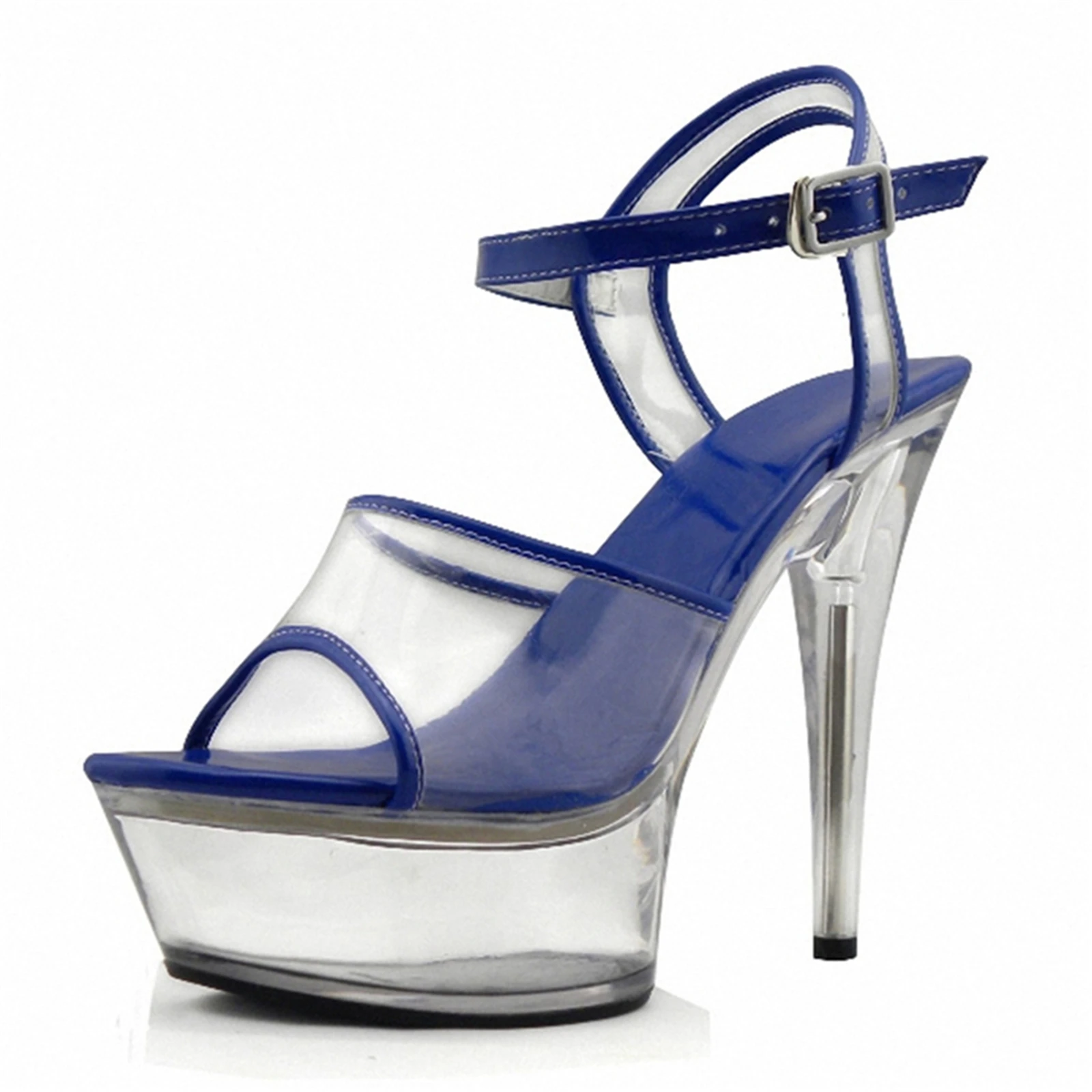 Refreshing Clear Heeled Sandals Royal Blue Peep Toe Platform Design Thin Ankle Strap 15CM Summer Fashion Women Shoes view 3