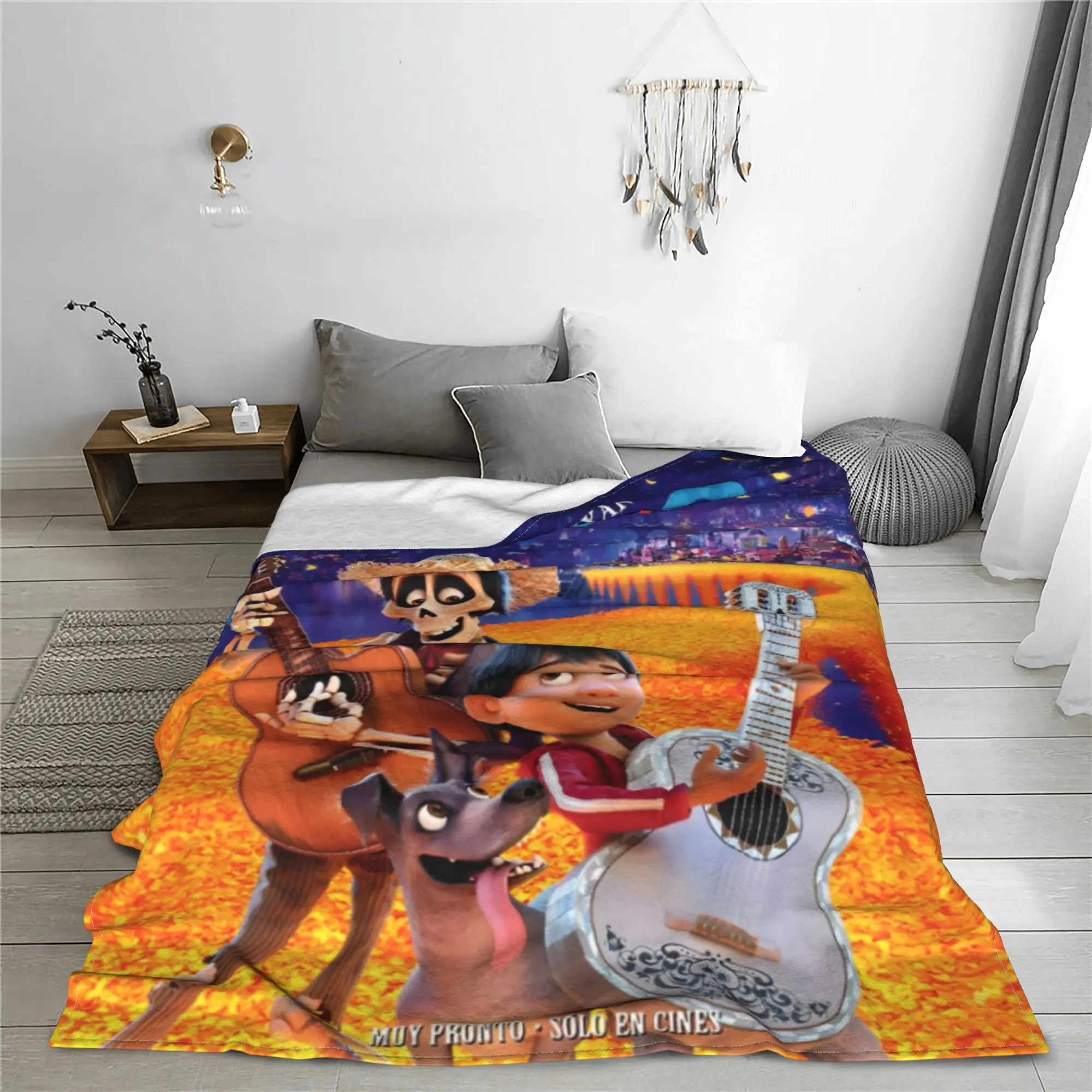 C-Coco Day of The Dead Cartoon Knitted Blankets Fleece Guitar Thankgiving Soft Throw Blanket Outdoor Travel Bedspread Thin Quilt