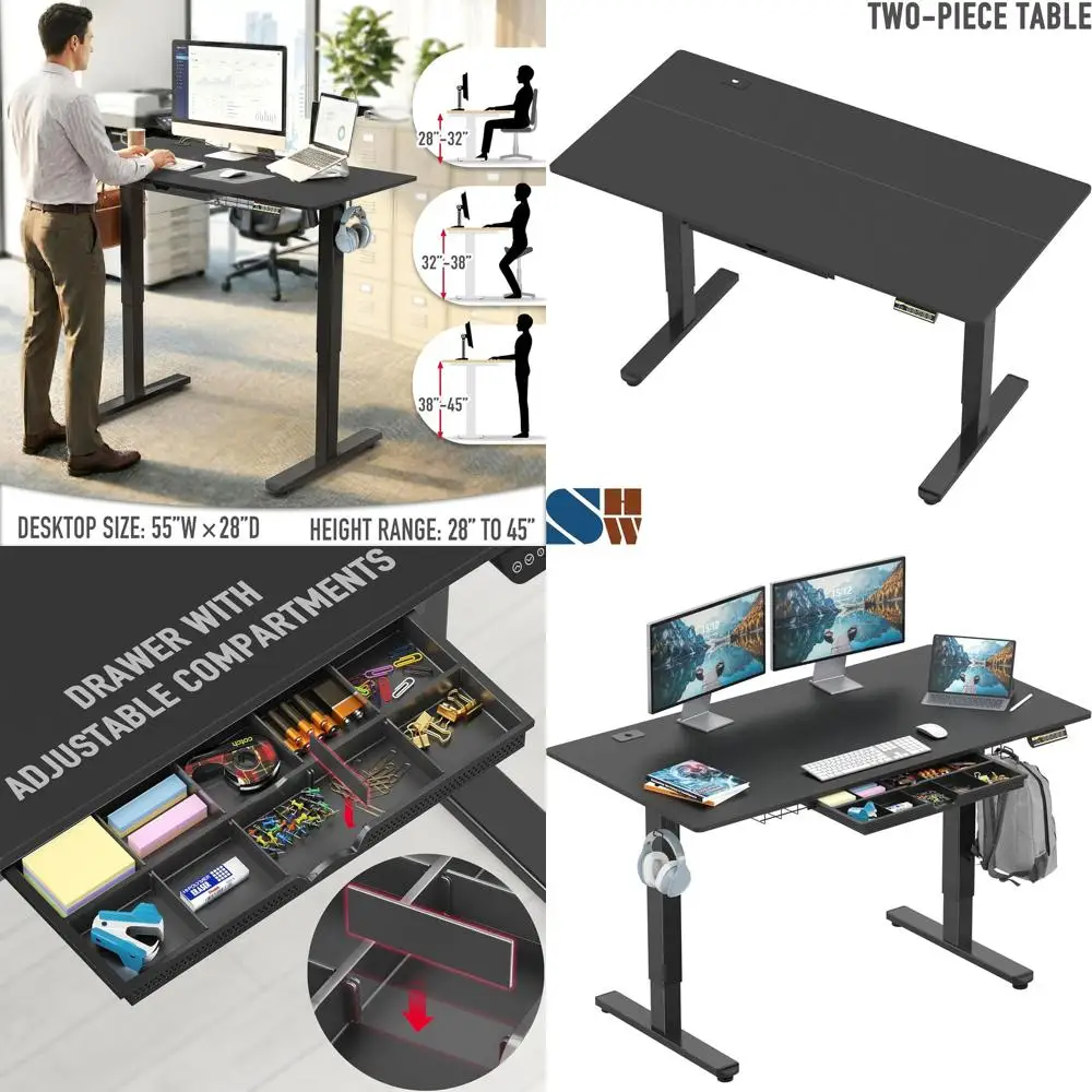 

55 x 28 Inch Black Electric Adjustable Height Desk with Tilt and Memory Functions