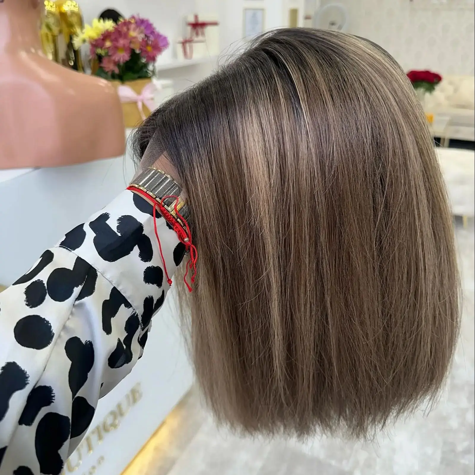 

Dark Chestnut Brown Highlight Synthetic Lace Frontal Wigs Natural Straight Trendy Bob New Style Brunette Fibre 16”Glueless Wigs