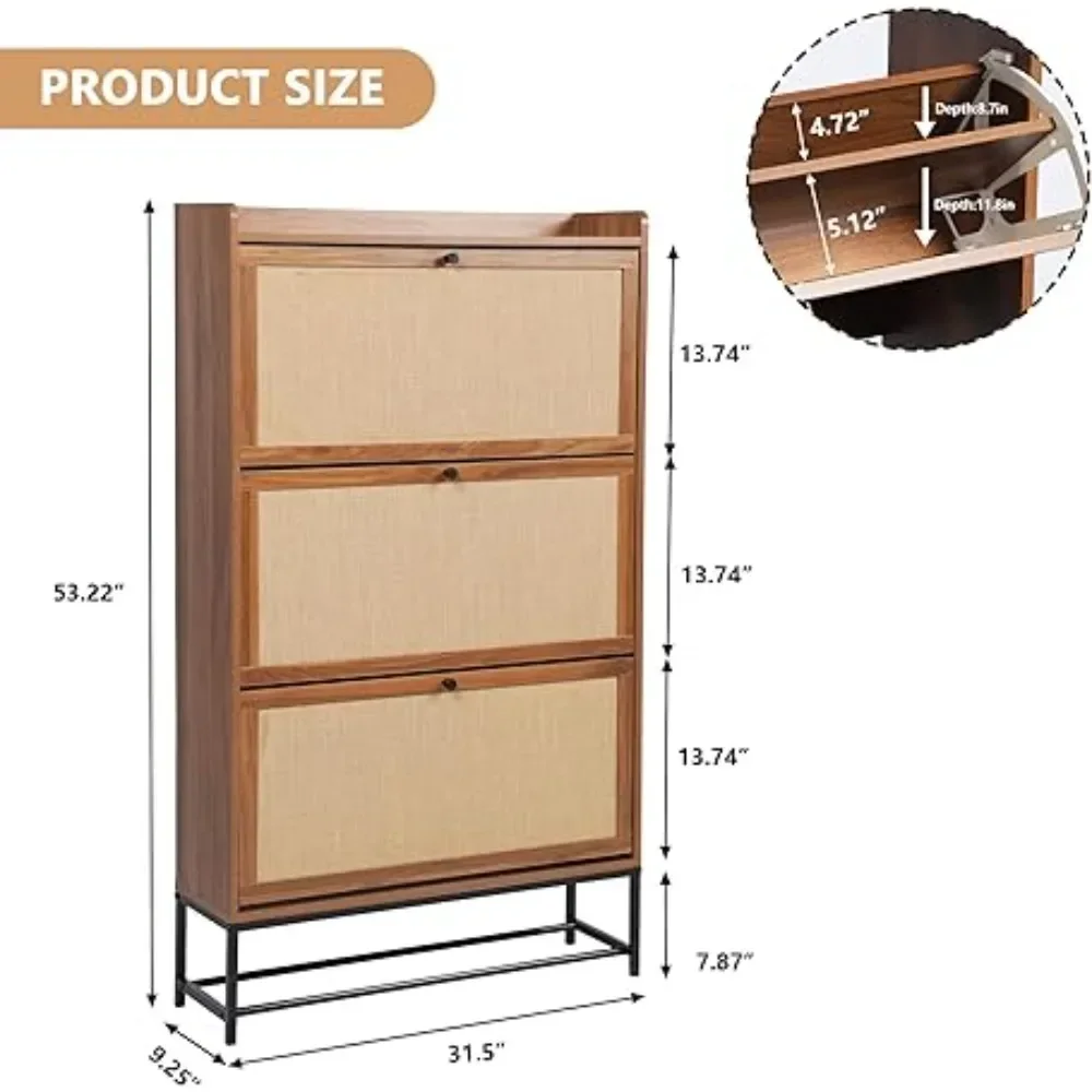 Shoe Storage Cabinet with 2 Flip Drawers,Wooden Narrow Shoe Cabinet Storage for Entryway,Metal Legs for Hallway(3 Drawer-1 Pack)