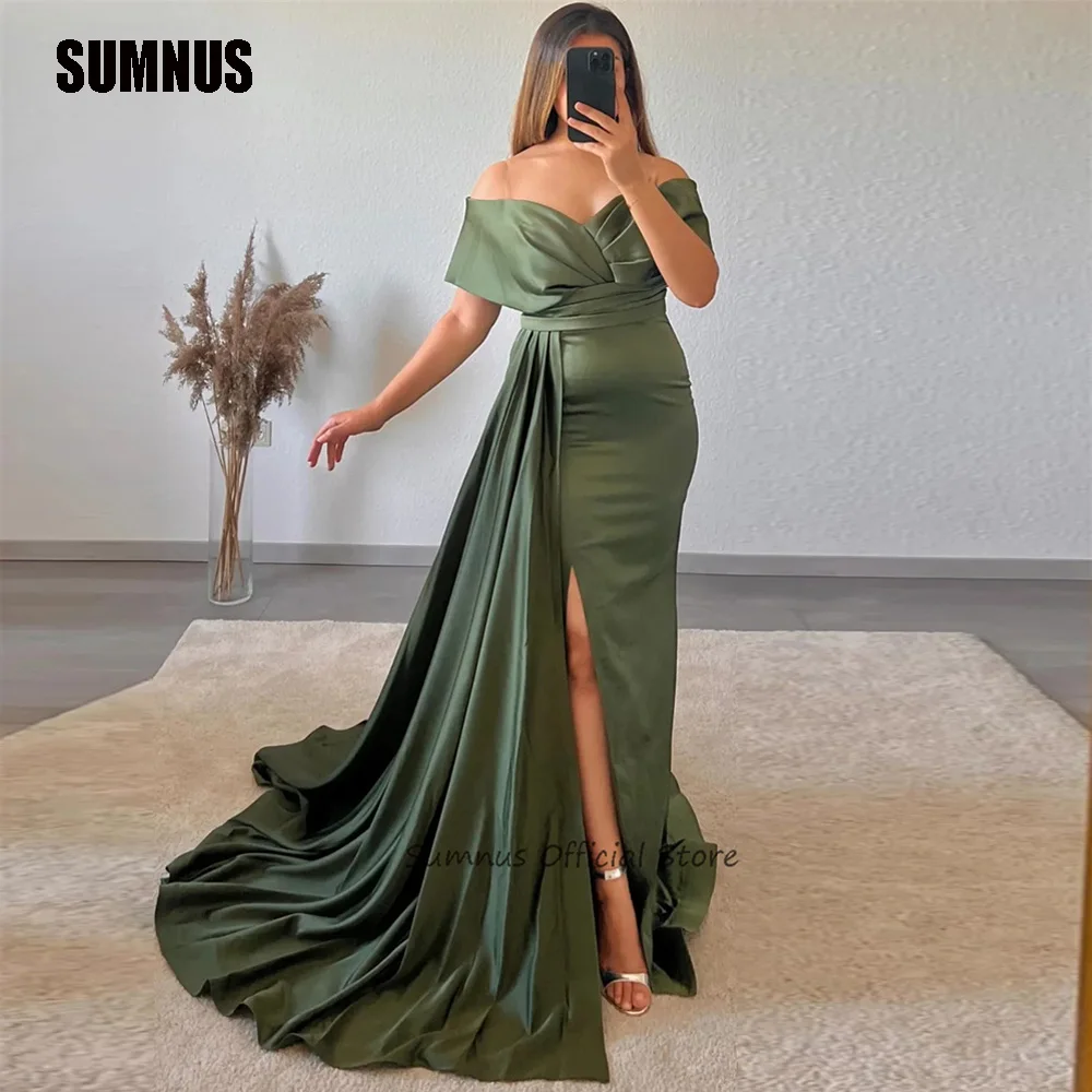 

SUMNUS Elegant Off Shoulder Split Robe De Soirée Green Evening Gowns Bespoke Made Formal Party Dress Sexy Backless Prom Dress