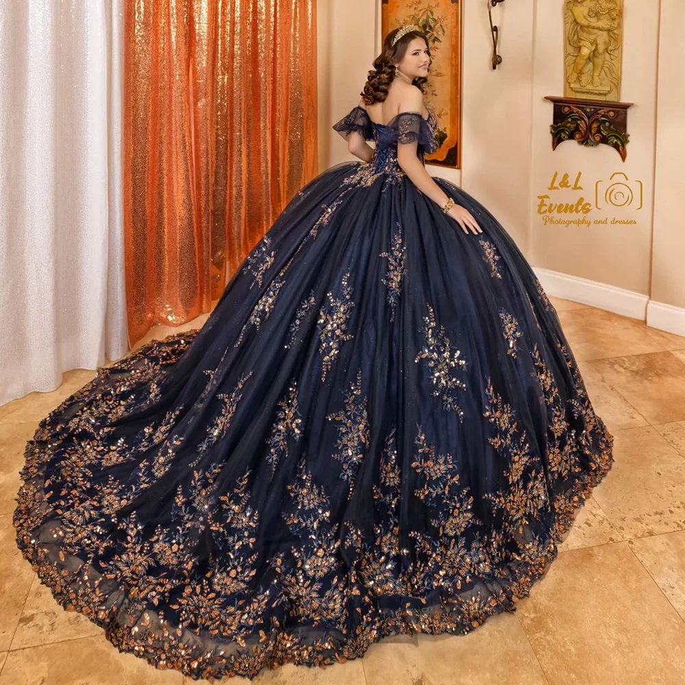 Vestido De quinceañera azul marino oscuro con hombros descubiertos, vestido De baile con cuentas, apliques De lentejuelas, corsé De encaje, 15 Años