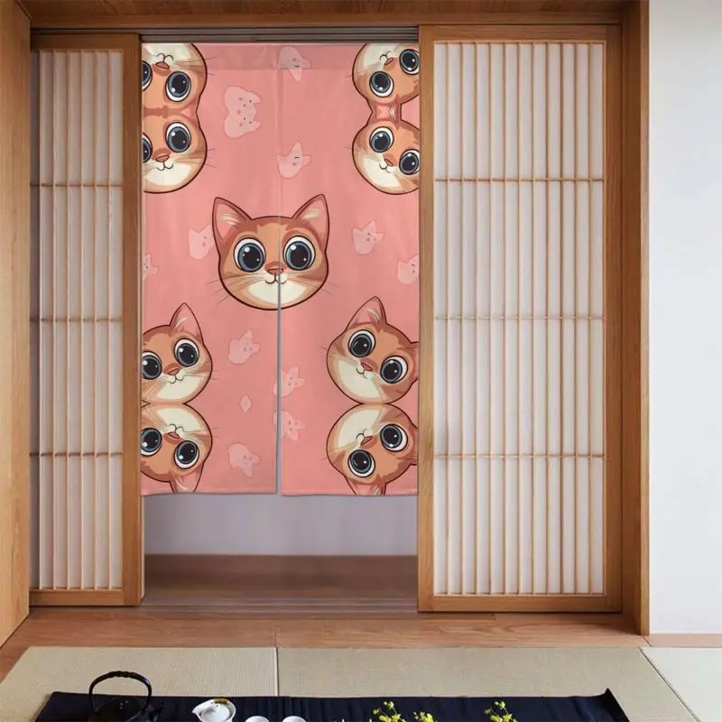 VIKAMA Japanese Lucky Cat Noren Door Curtain Cute Cartoon Kitten Print Room Divider Curtain Bedroom Cafe Entryway Privacy Decor